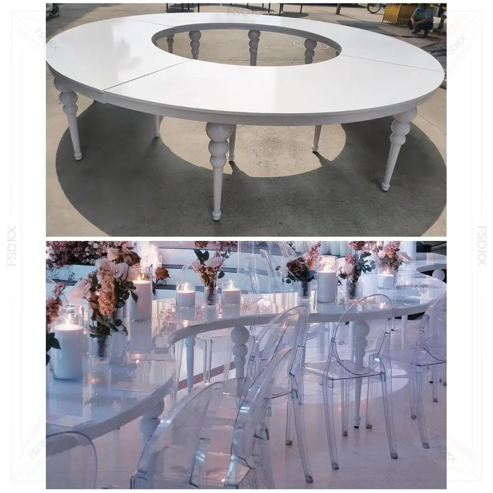 

New Wholesale S Shape Moon Tempered MDF Top Circle Stainless Steel Wedding Table