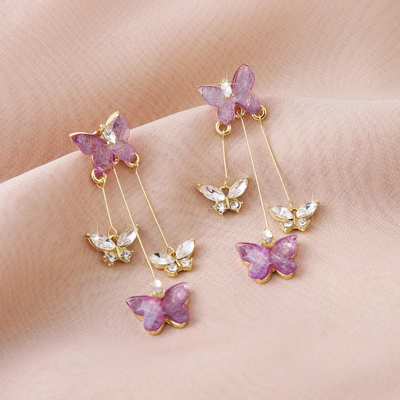 Romantische lila Schmetterling Tropfen Ohrringe für Frauen glänzende Strass Kristall lange Quaste Ohrringe zarte Hochzeit Party Schmuck – Detail 6