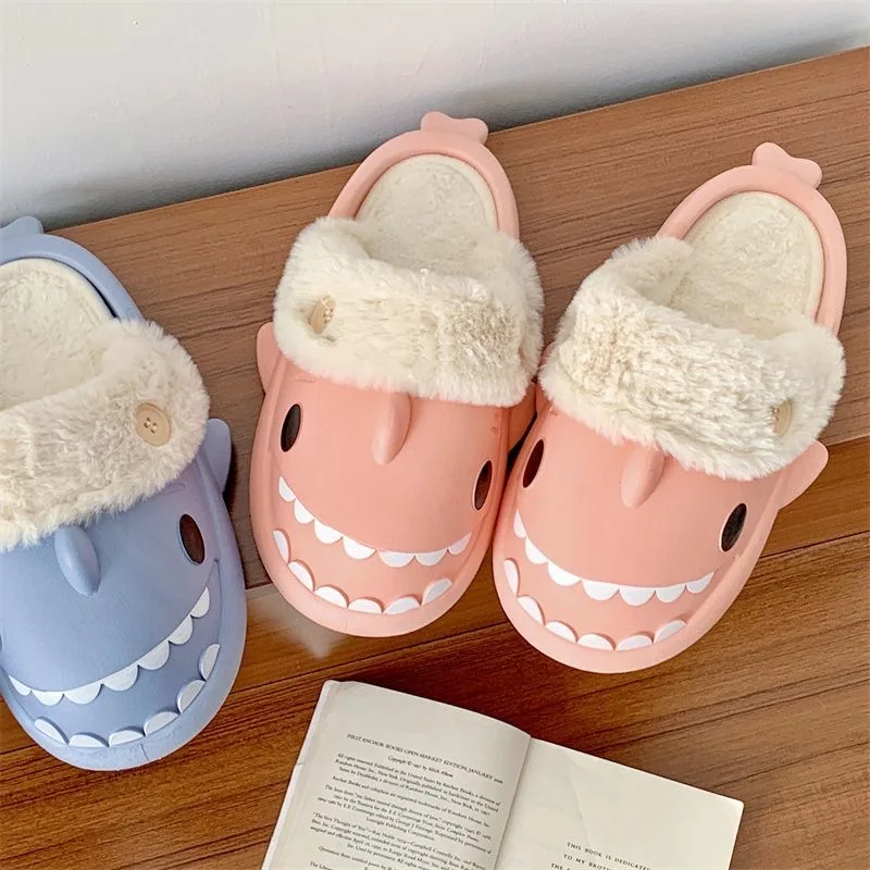 Winter Adults Home Shark Slippers Cute Animal Shoes Woman Men Stuffed Warm Plush Indoor Velvet Soft Cartoon Floor Flip Flop