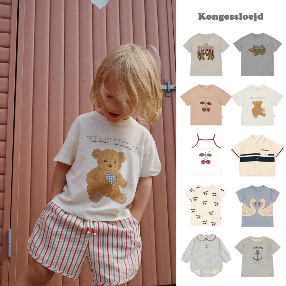 

2024 Summer KS Baby Girls Cartoon Swan T Shirts Bodysuits Children's Clothing Boys Cotton Gorilla T-shirt Polos Kids Homewear