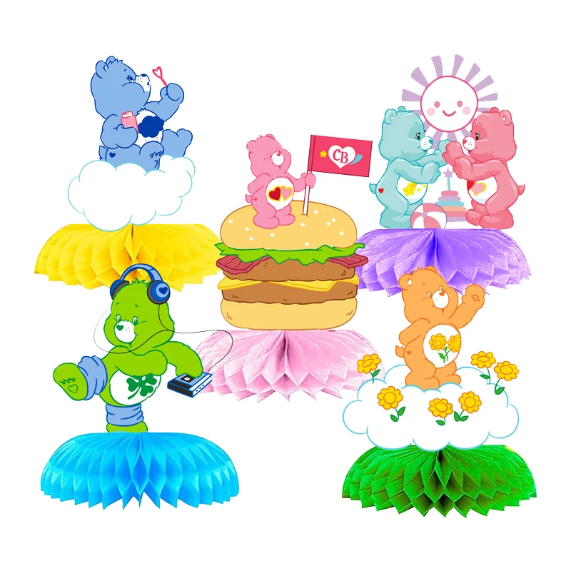 5pcs Care Bears Honeycomb Themed Desktop Decorations Supplies Children Gifts for Baby Shower Birthday Party Celebration Set