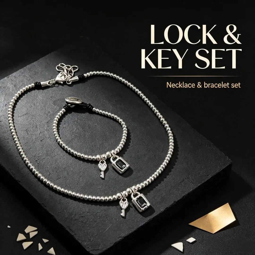 2026 Spain Bright Lady Wind Grey Crystal Padlock Key Bracelet Necklace Jewelry Set Surprise Gift