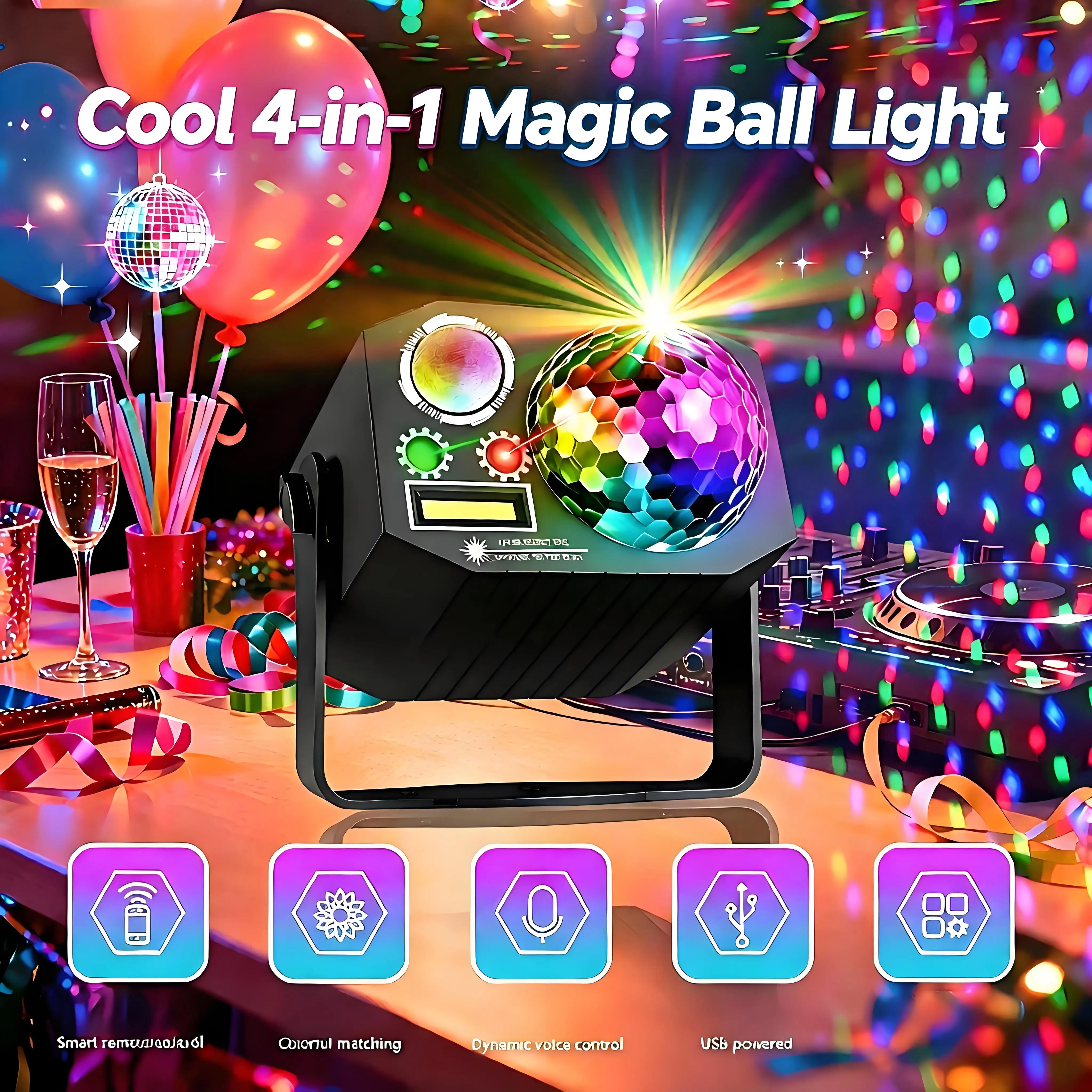 4-in-1 Magic Ball Stage Light RGB Pattern Strobe LED Light with Remote Control And Sound Activation for Disco Party Home KTV