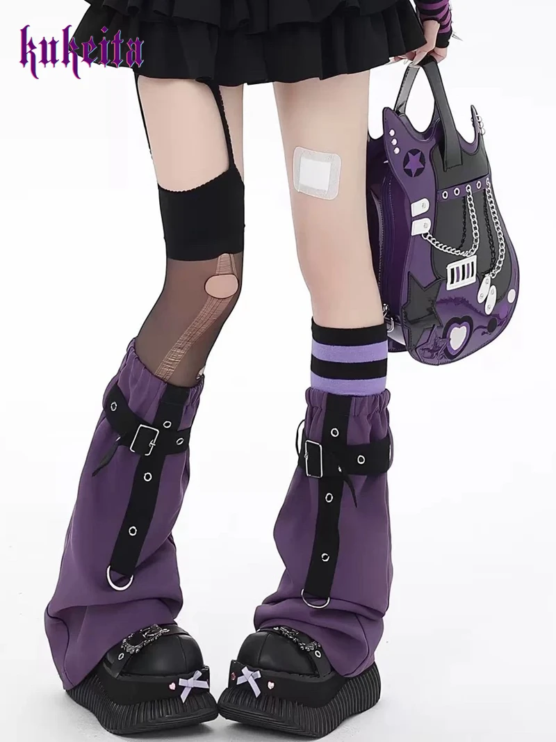 Kukeita Subculture Y2k Punk Spicy Girl Distressed Buckle Lace Up Patchwork Boot Covers Streetwear Grunge Cycber Women Leg Cover