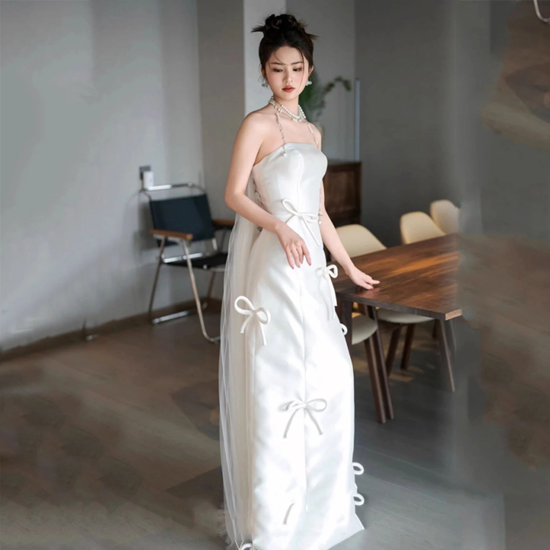PJN Elegant Strapless Wedding Dress Bride 2025 New White Satin Mermaid Reception Snapshot Dresses Women Long Evening Party Dress