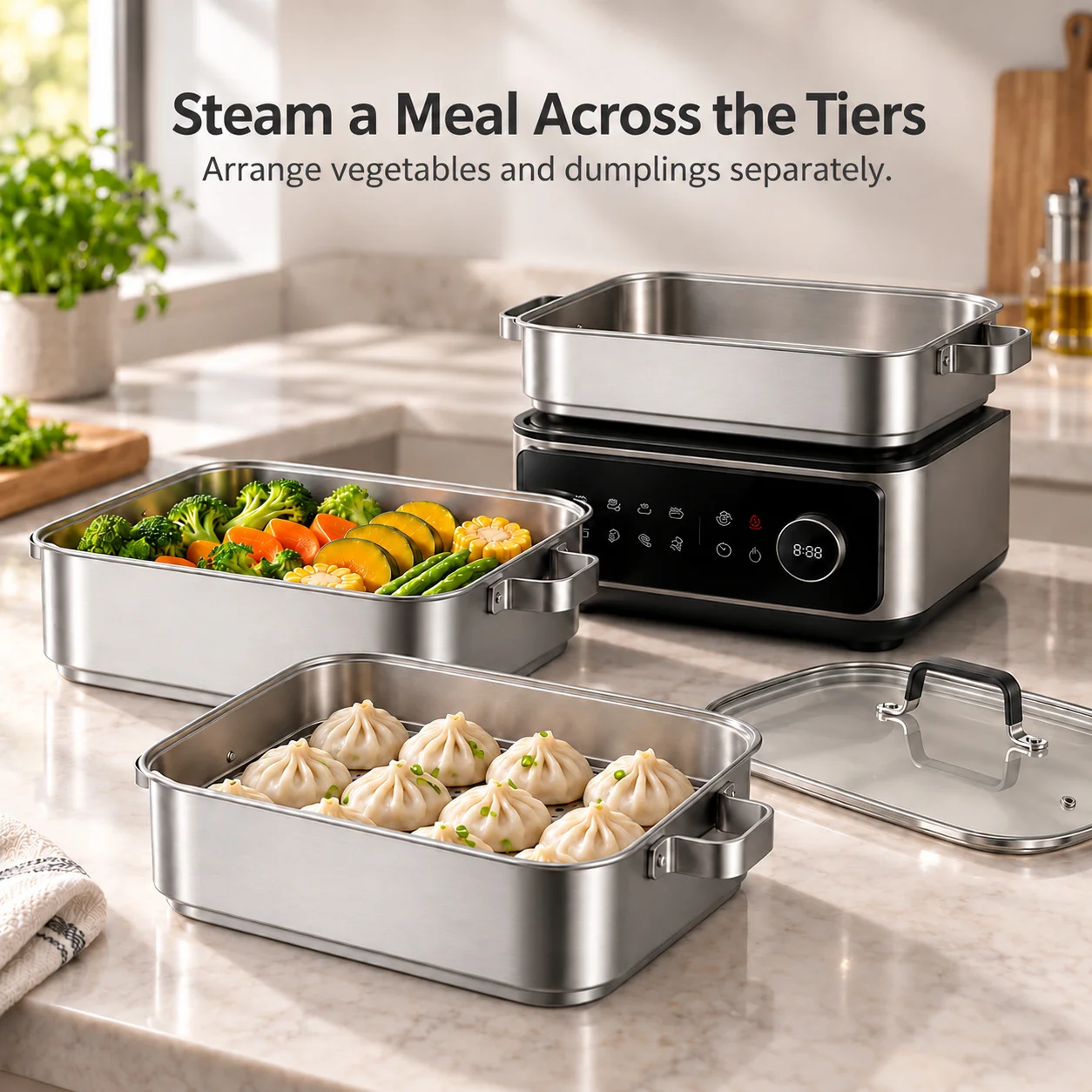 Electric Food Steamer with 24L Combined Capacity Three Upper Tiers and Glass Lid for Home Kitchens Vegetable and Dumpling Cooker