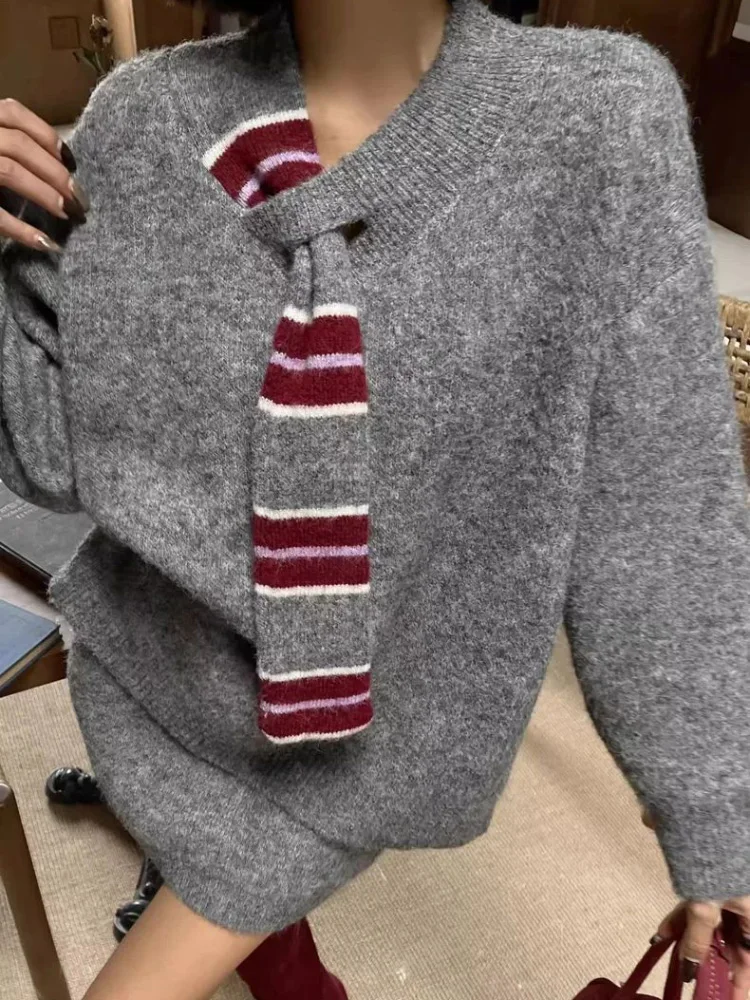 المرقعة فضفاض محبوك سترة Conjuntos المرأة عادية الكورية موضة مخطط مجموعات لينة تنورة قصيرة فضفاضة 2 قطعة مجموعة #6