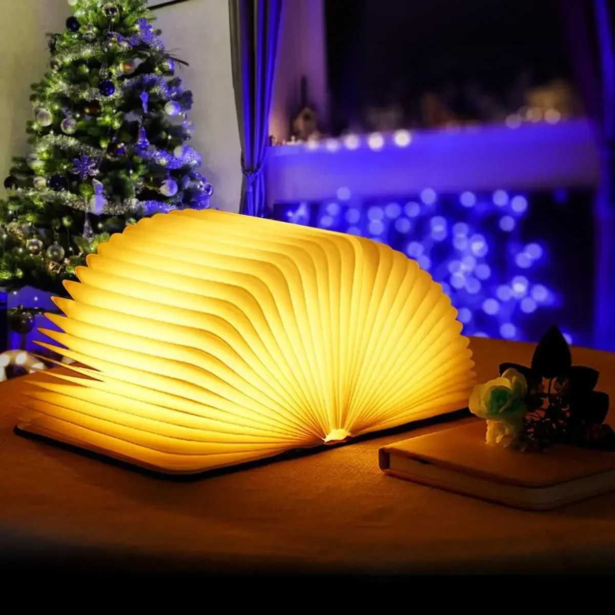 F2 3D Folding Book Light LED Night Light 3-Color USB Charging Portable Wooden Magnetic Table Lamp Decor Christmas Holiday Gift