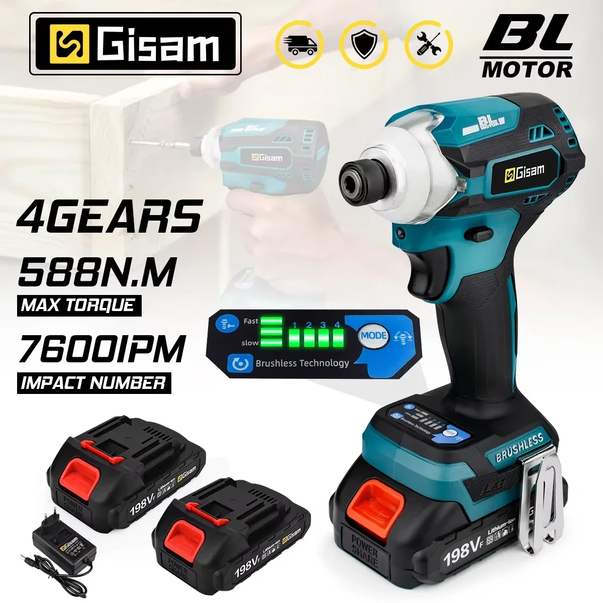 Gisam 588N.m Brushless Electric Screwdriver Cordless Impact Electric Wrench Drill Screw Driver Power Tool for Makita 18V Battery