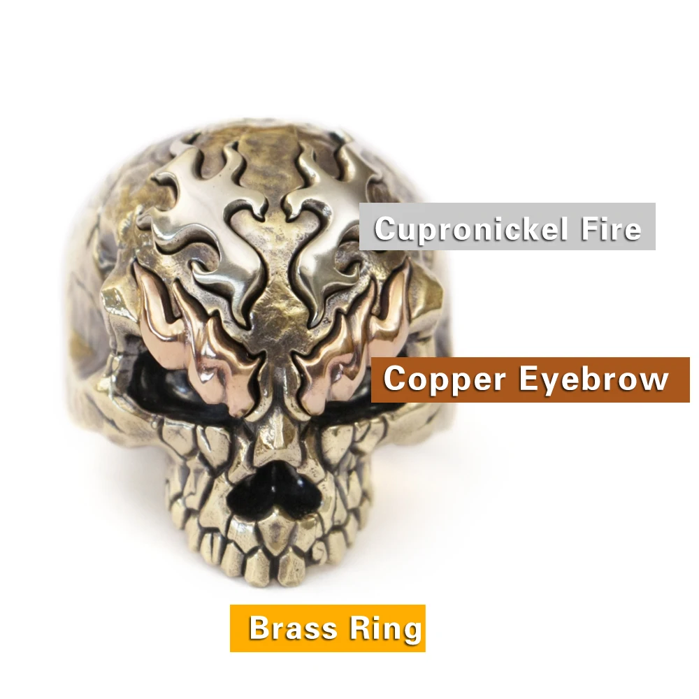 Brass Skull Copper EyeBrow Cupronickel Fire Skull Ring Punk Adjust Ring BR427 US Size 8~15