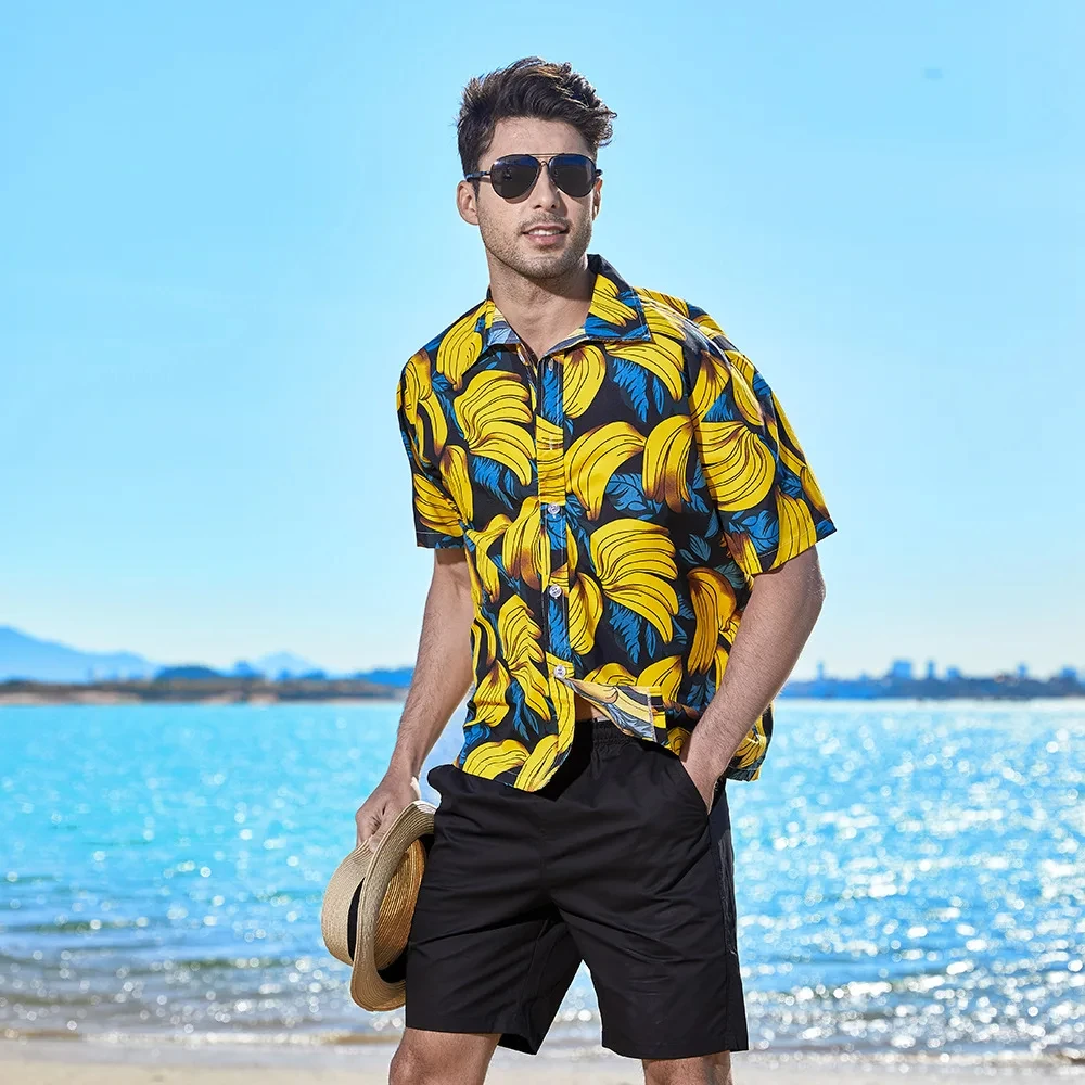 

Men Summer Hawaii Shirt Casual Short Sleeve Beach Clothing Male Bananas Printing Shirt Fashion Trend Vacation Tops