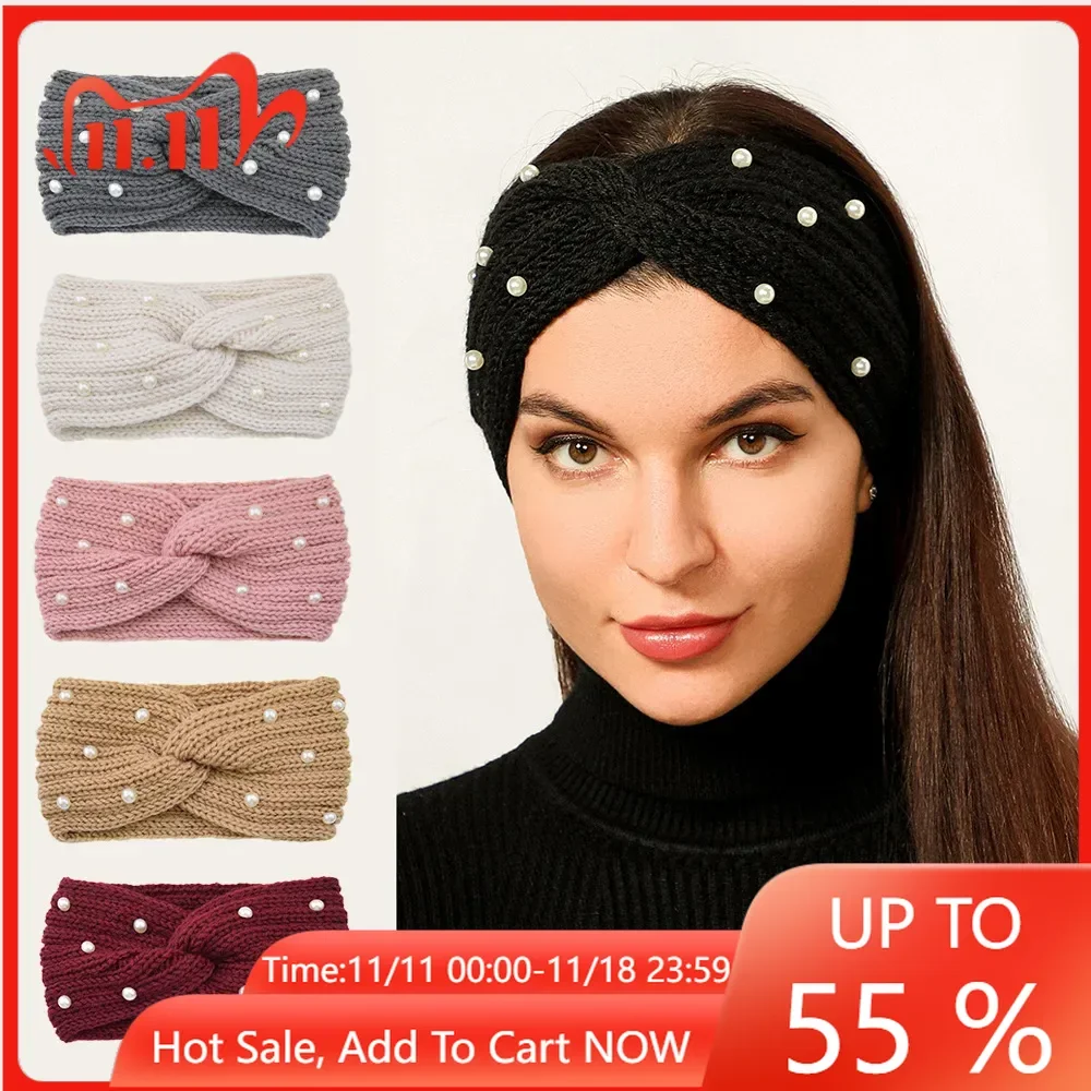 Fashion Pearls Knitted Headband Women Cross Knotted Hair Bands Autumn Winter Ear Warmer Protectors Wide Turban Hair Accessories