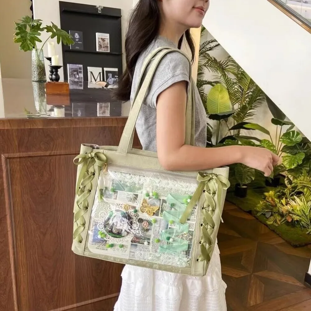 

New Y2K Ribbon Bow Japanese Ita Shoulder Bag Cute Girl Transparent Pocket Large Capacity Crossbody Tote Bag DIY Display Handbags