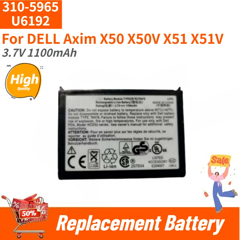 310-5965 U6192 High Quality Battery 3.7V 1100mAh for DELL Axim X50 X50V X51 X51V Brand New Replacement Battery