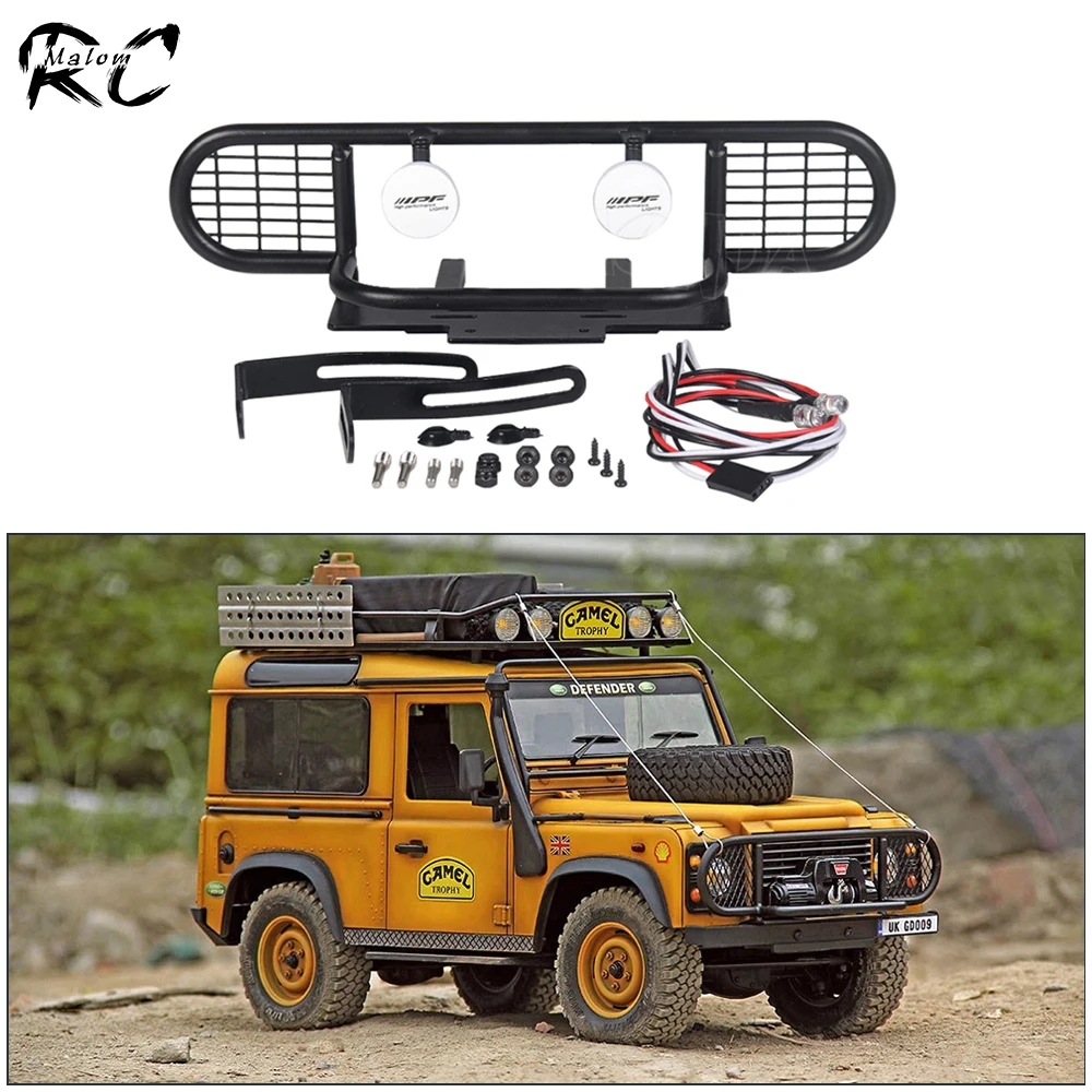 Metal Camel Trophy Front Bumper with Led Light and Winch Base for 1/10 RC Crawler Car  TRX-4 Defender D90 D110 Upgrade