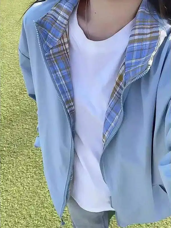 

Синяя клетчатая куртка в стиле пэчворк с винтажным дизайном, универсальная, с американским воротником, для пар, свободного кроя, с декором на молнии