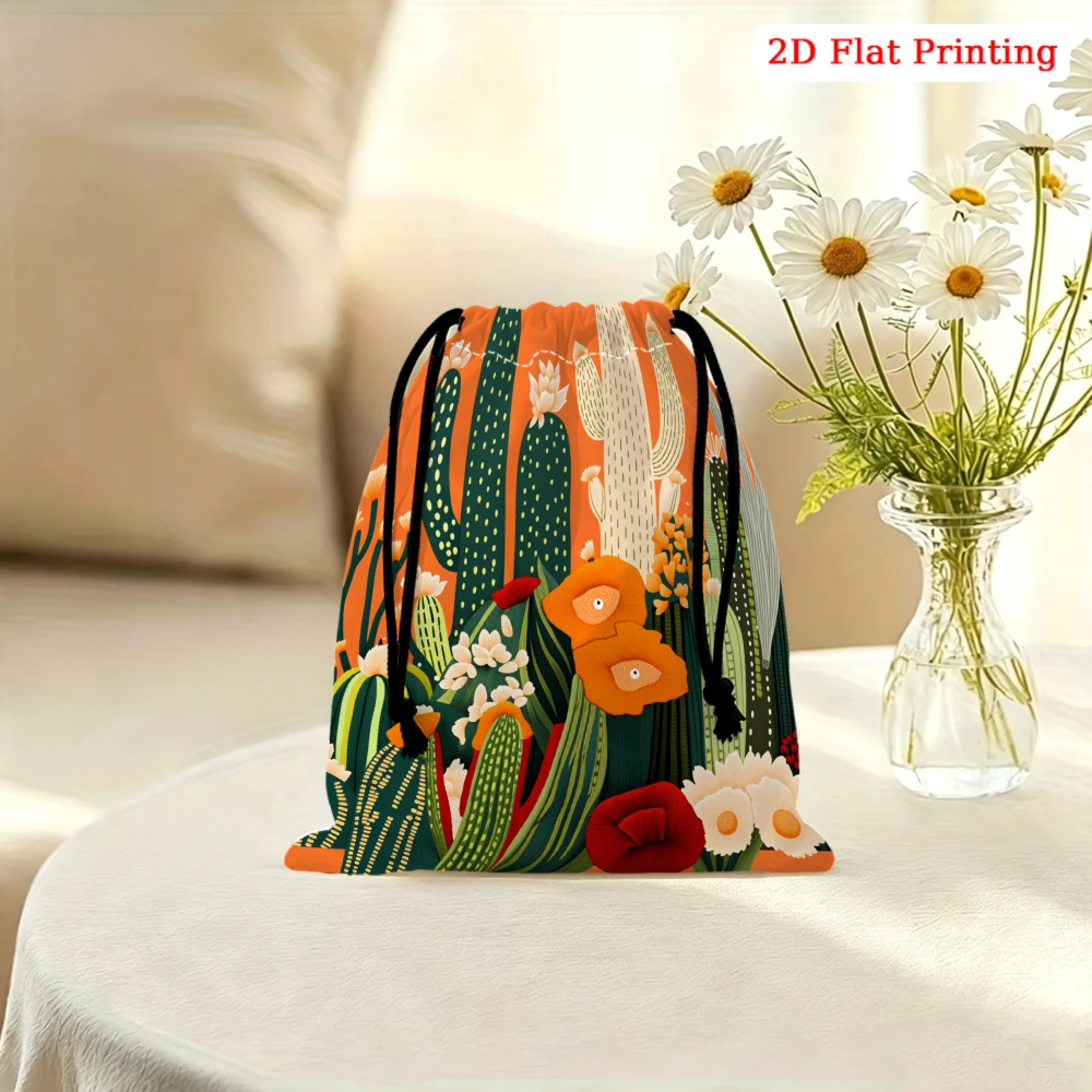 1pc Cactus Print Drawstring Bag Orange Green Floral Pattern Storage Small Pouch Travel Cosmetic Organizer For Women Portable Gif