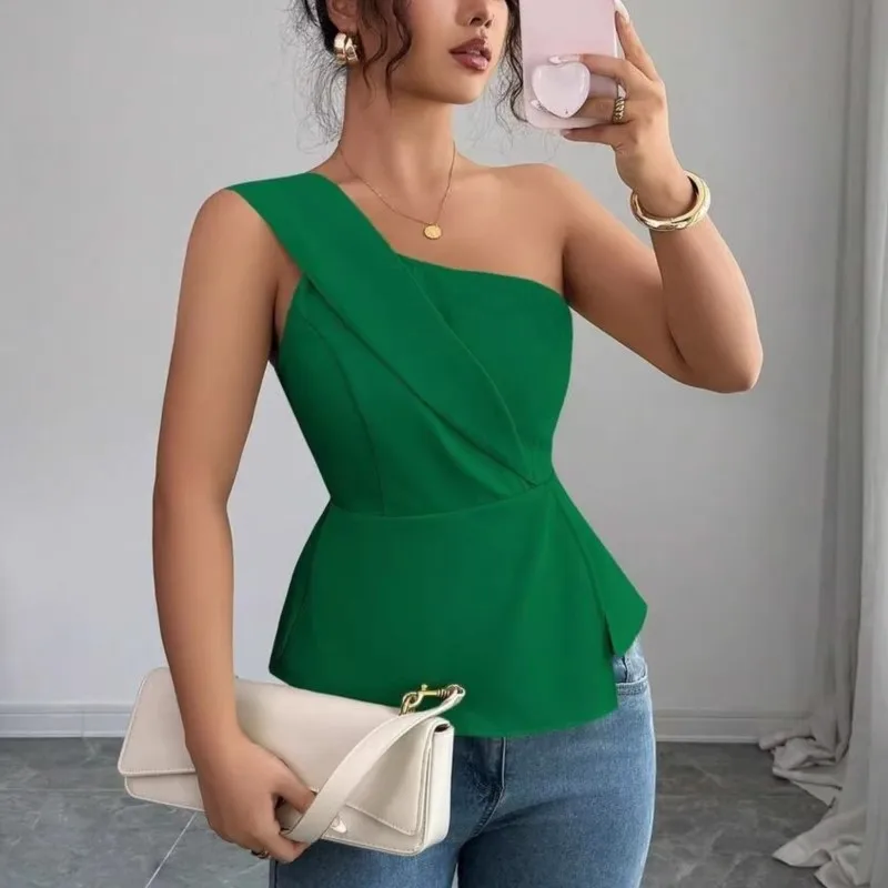 Sexy One Shoulder Top Summer Women's Casual Sleeveless Vest Top Fashion Green Diagonal Collar Ruffles Vests Tops Streetwear