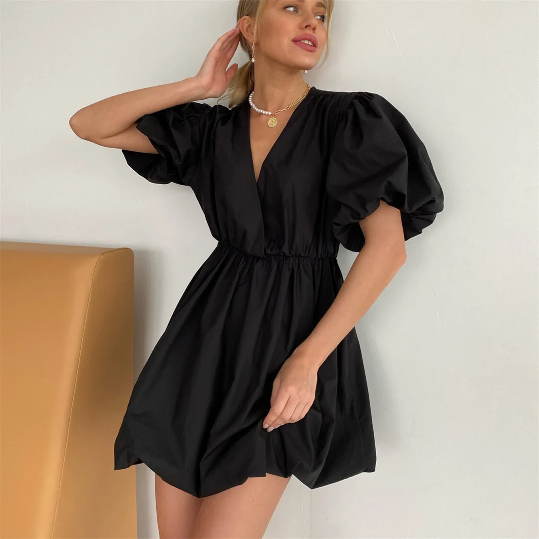 Lantern Sleeve Mini Dress Summer Robe Femme Fashion Style Elegant Women Solid Color A Line Vestidos De Fiesta V-Neck Sun Dresses