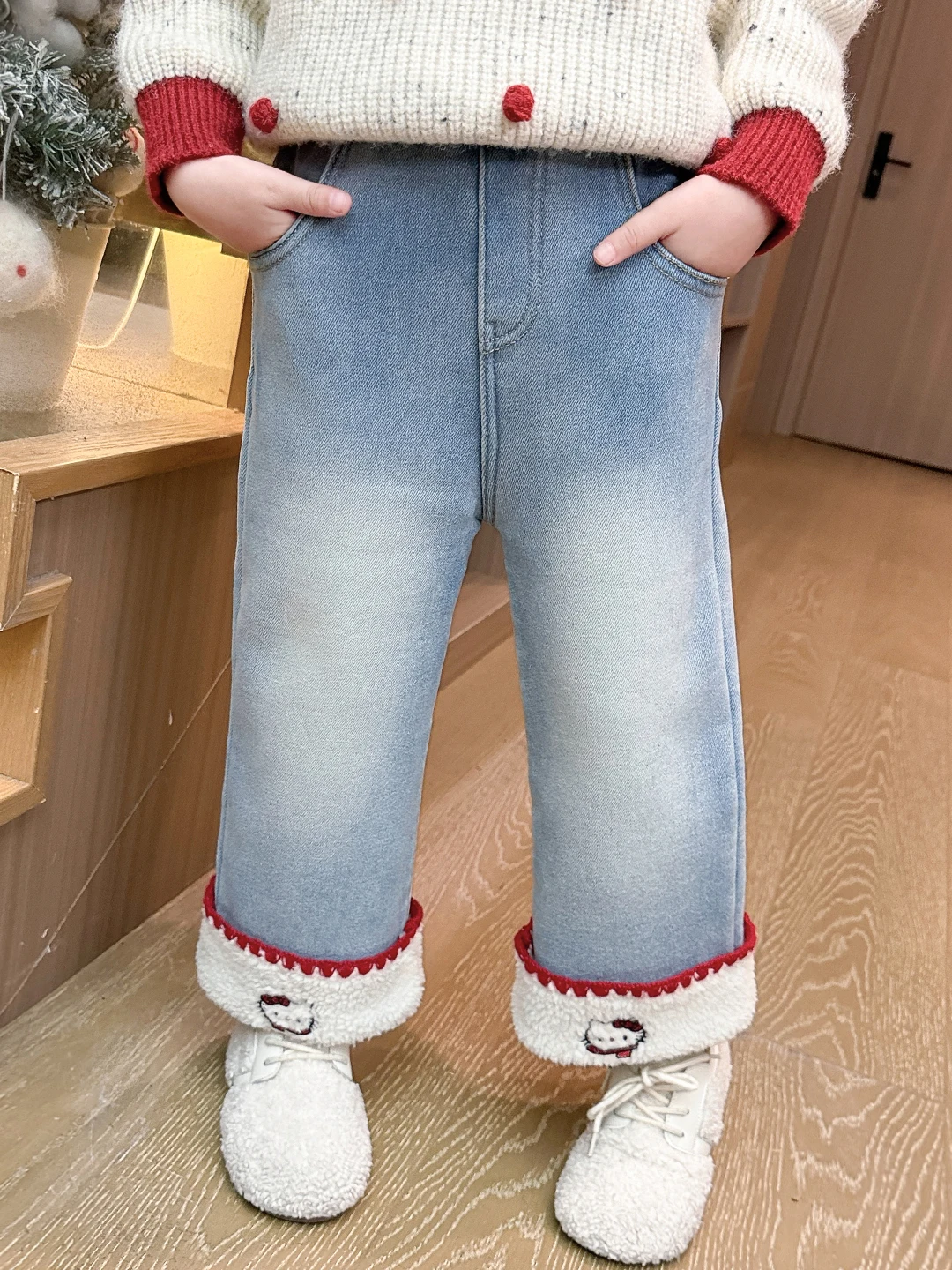 Trendy meisjes winterjeans asymmetrische hoge taille lange broek Fce gevoerde warme oorverzwakte casual broek met rechte pijpen