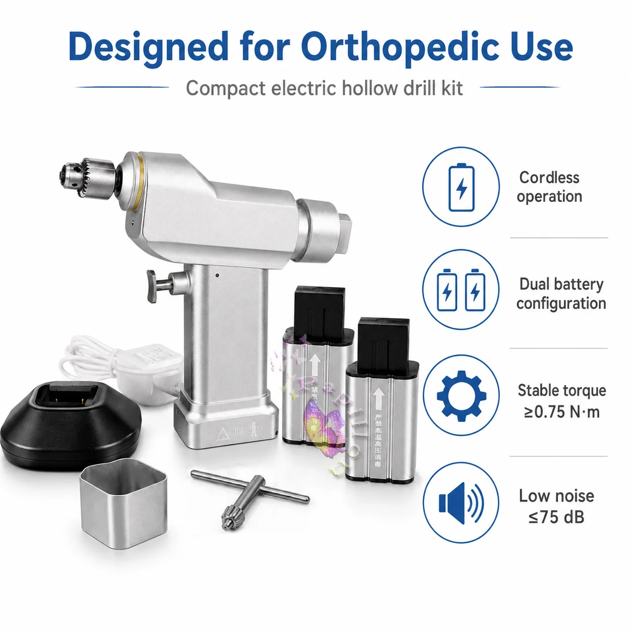 Mini Electric Orthopedic Cannulated Drill Medical Bone Surgery Hollow Drill 0-800rpm 7.2V with 2 Batteries Charger