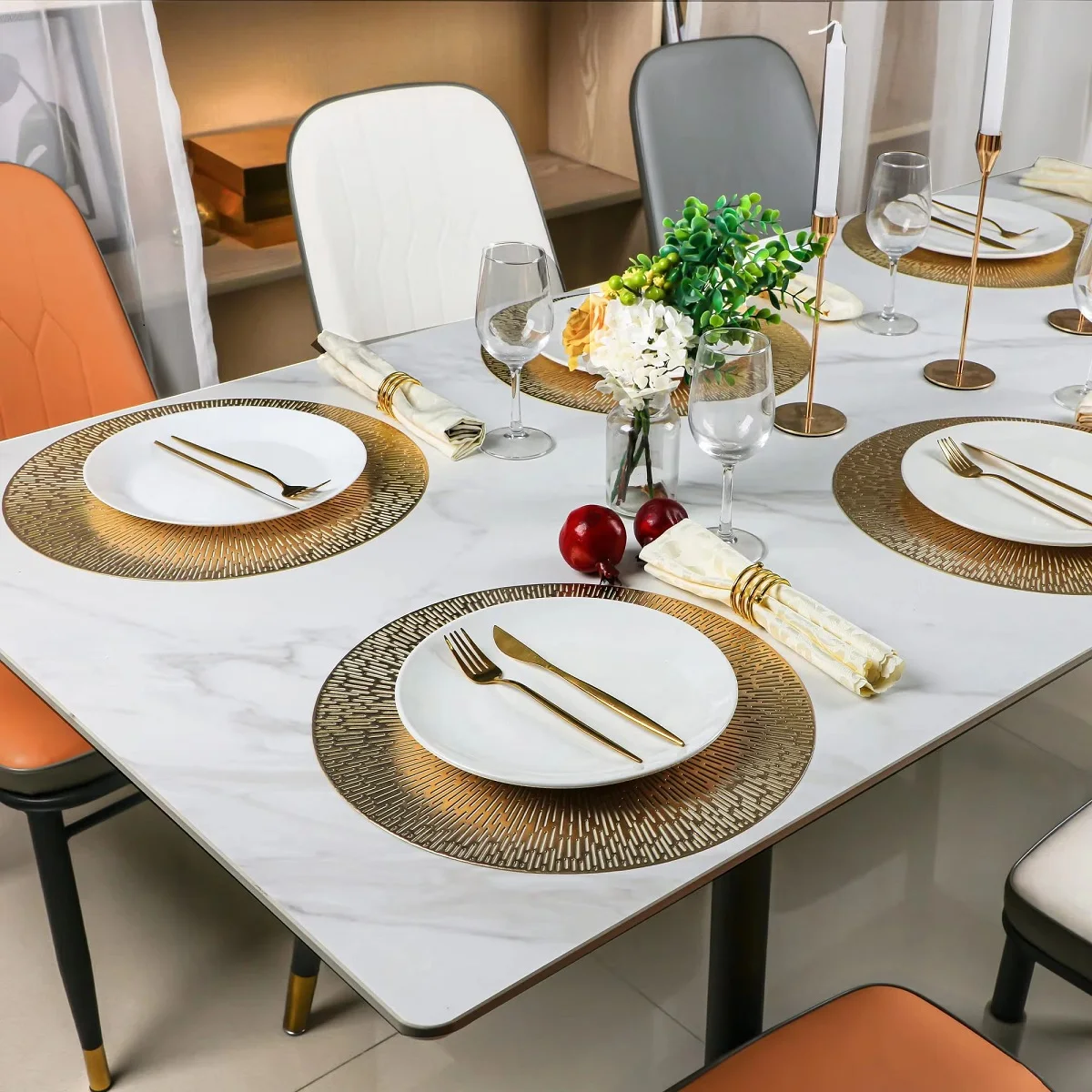 Set of 6 Gold 15 Inch Placemats Heat Resistant Non-Slip Vinyl Table Mats for Dining Tables Kitchen Cafe Tableware