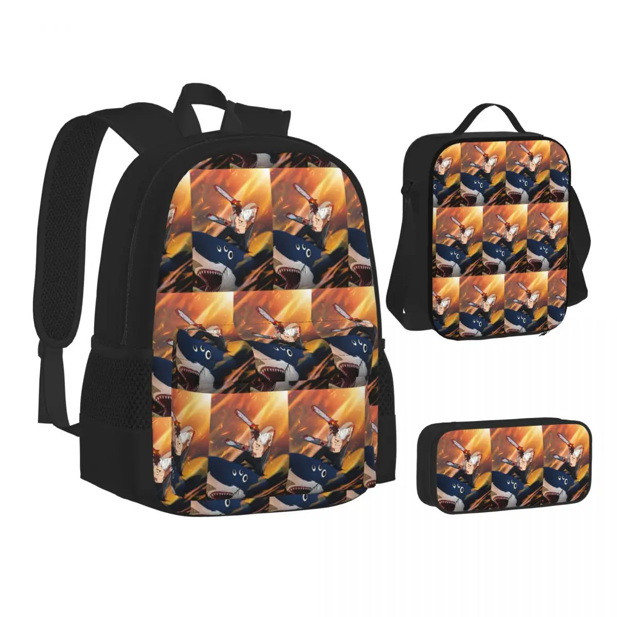 Shark And Denji Chainsaw Man Anime Backpacks Boys Girls Bookbag School Bags Children Rucksack Lunch Bag Pen Bag Three-Piece Set