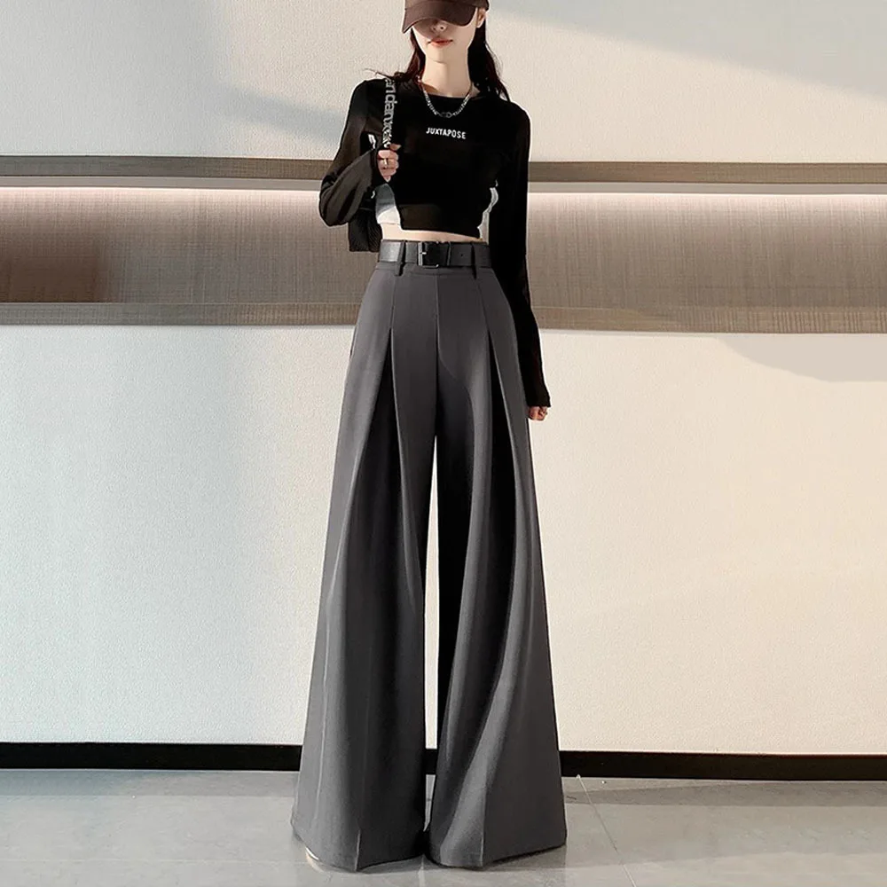 Pleated High Waist Straight Pants Ladies Fashion Wide Leg Pants Gray Suit Pants Women\'s Autumn Winter Casual Office Trousersual