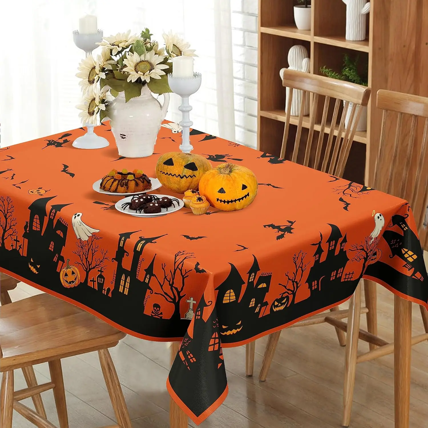 Halloween Pumpkin Castle Witch Waterproof Tablecloth Party Decor Reusable Kitchen Dining Tablecloth Halloween Decorations