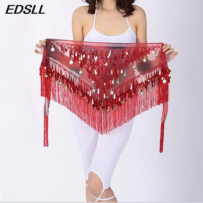 Ladies Belly Dance Hip Scarf Sequin Hanging Coin Tassel Gradient Triangle Scarf Women Indian Dance Tassel Waist Belt Accessories