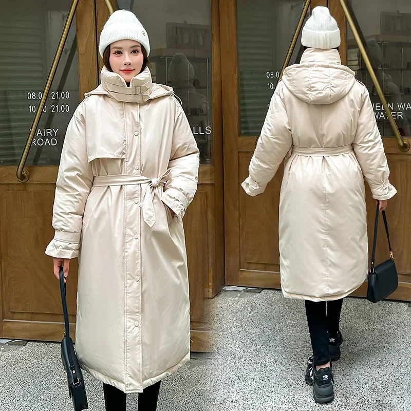 Long Maxi Coats Women Parkas Hooded Thick Warm Elegant Splice Lace Up High Waist Autumn Winter Stand Khaki Collar Jackets Coat