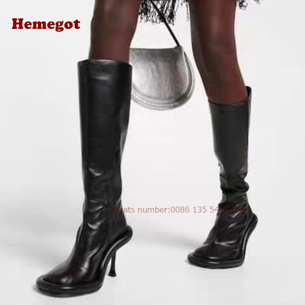 

Black Wide Sole Zipper Knee High Boots Round Toe Thin Heels Women's Boots Winter New Brand Solid Leather Casual Shoes Big Size