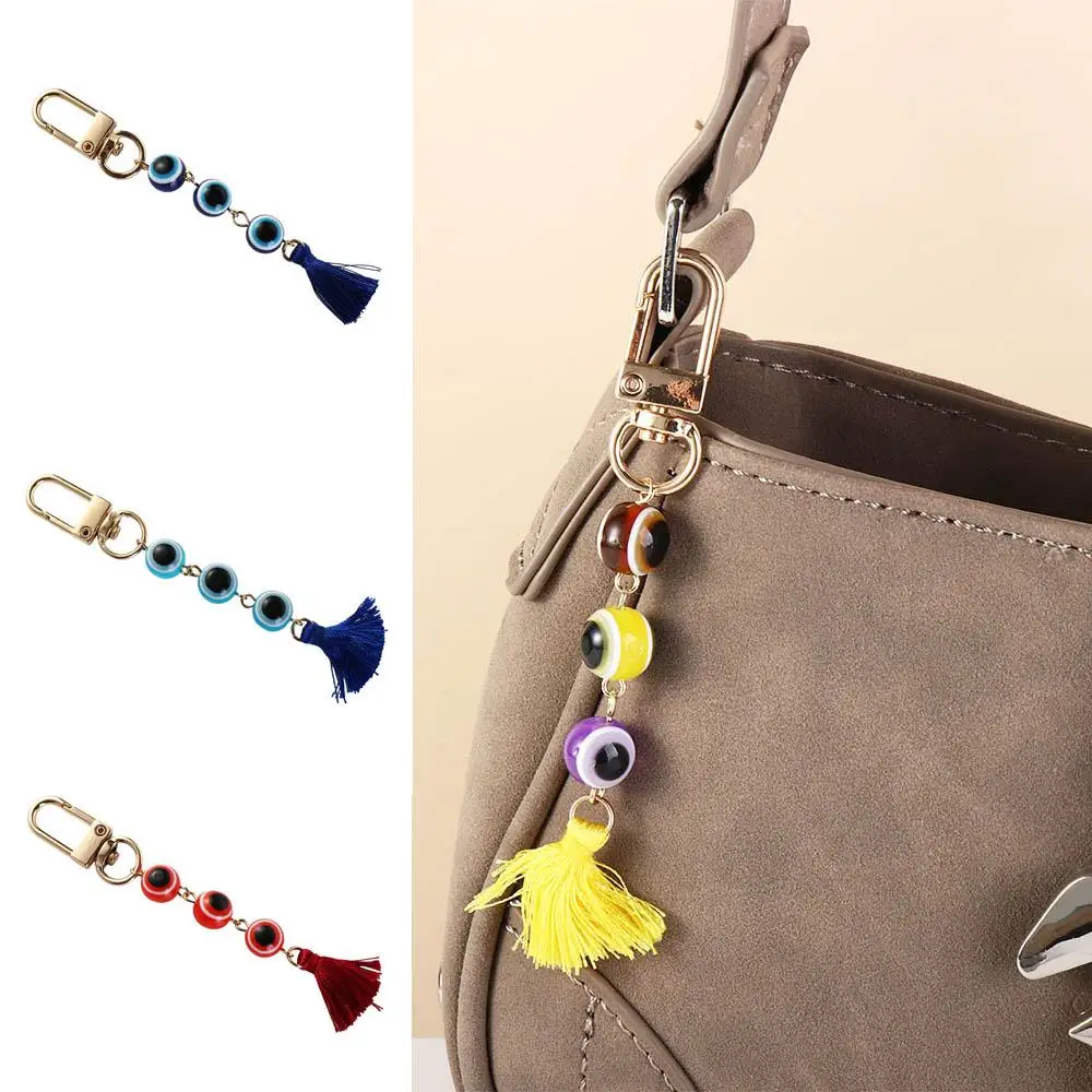 Lucky Turkish Evil Eye Keychain Resin Beads Tassel Charm Key Ring Car Handbag Accessories Jewelry For Women Girls