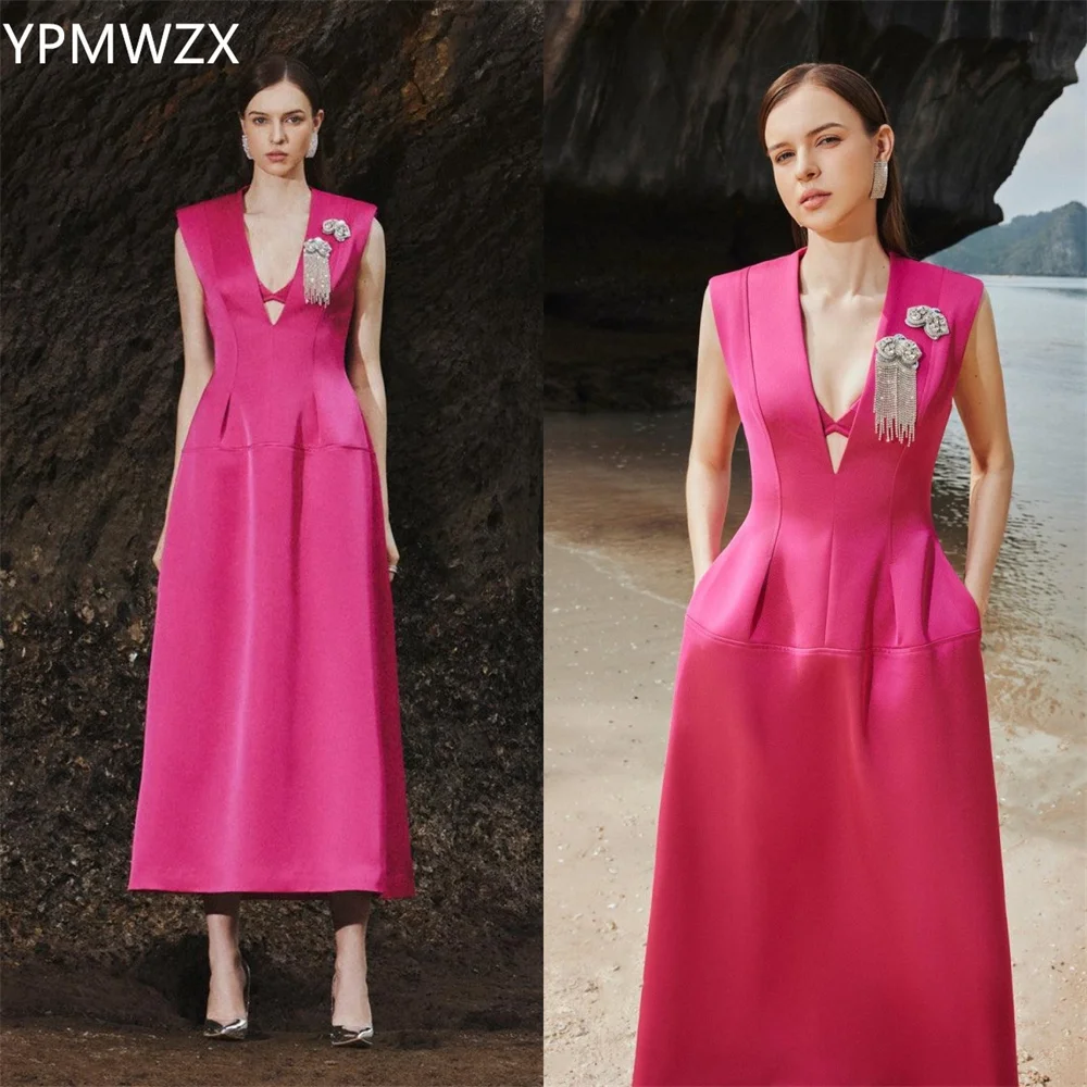 Customized Evening Dress Formal Party Occasion Prom Gown YPMWZX V-neck A-line Ankle Length Skirts Sleeveless Bead Bespoke Occasi