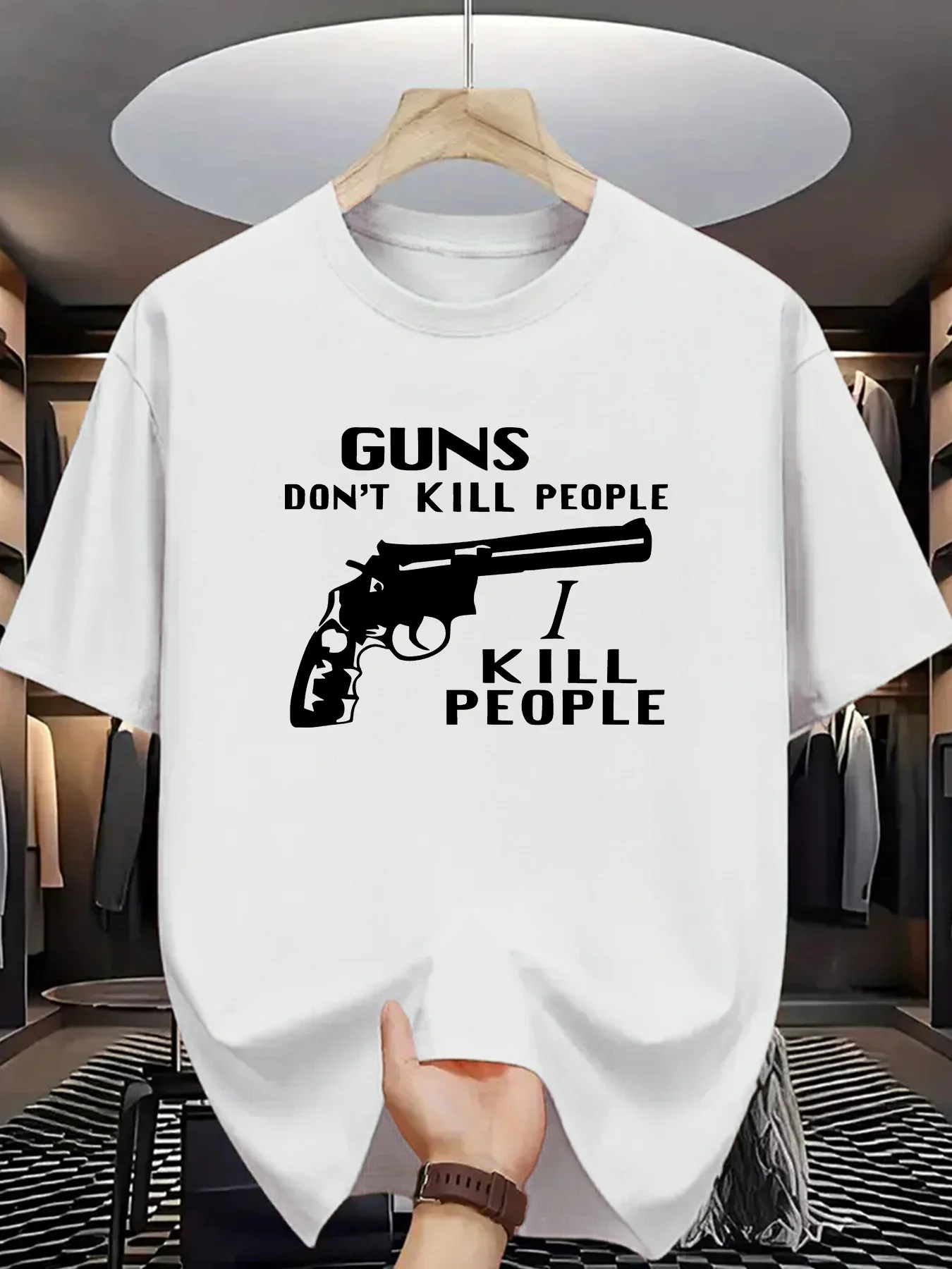 Men's pattern T-shirt - Bold white text print on a black background, casual style. Christmas gift.