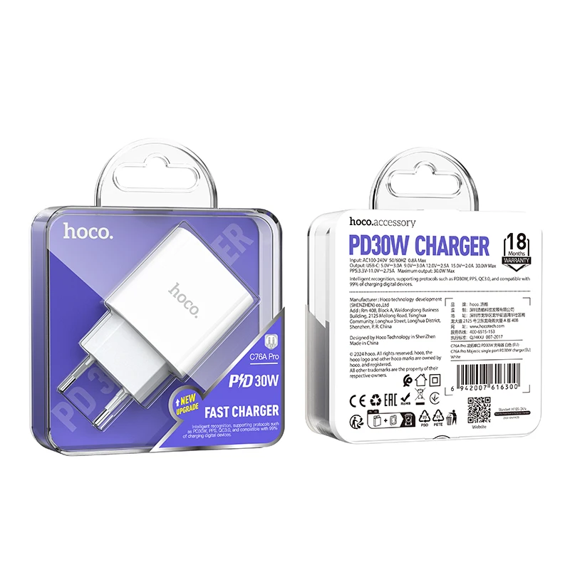 

HOCO C76A PD30W EU Adapter Fast Charging Phone Charger For iPhone 15 Pro Max USB C Port PD20W Wall Travel Adapter For Samsung