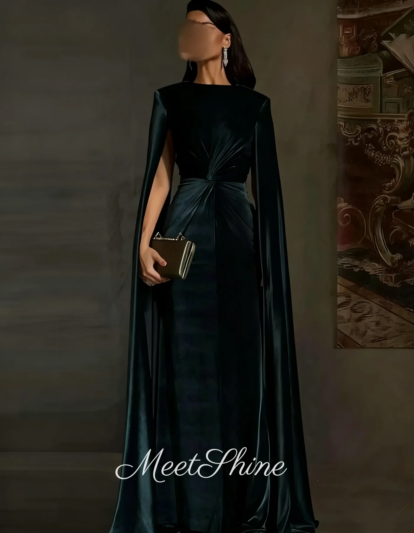 Robe de soirée plissée sirène en velours, col rond, vert foncé, Vintage, dubaï, avec manches longues flottantes, robes de bal formelles personnalisées