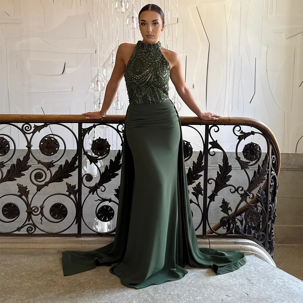 

Dark Green Beading Mermaid Evening Dress Exquisite Halter Sleeveless Pleats Jersey Prom Gown Customized Pageant Party Dresses