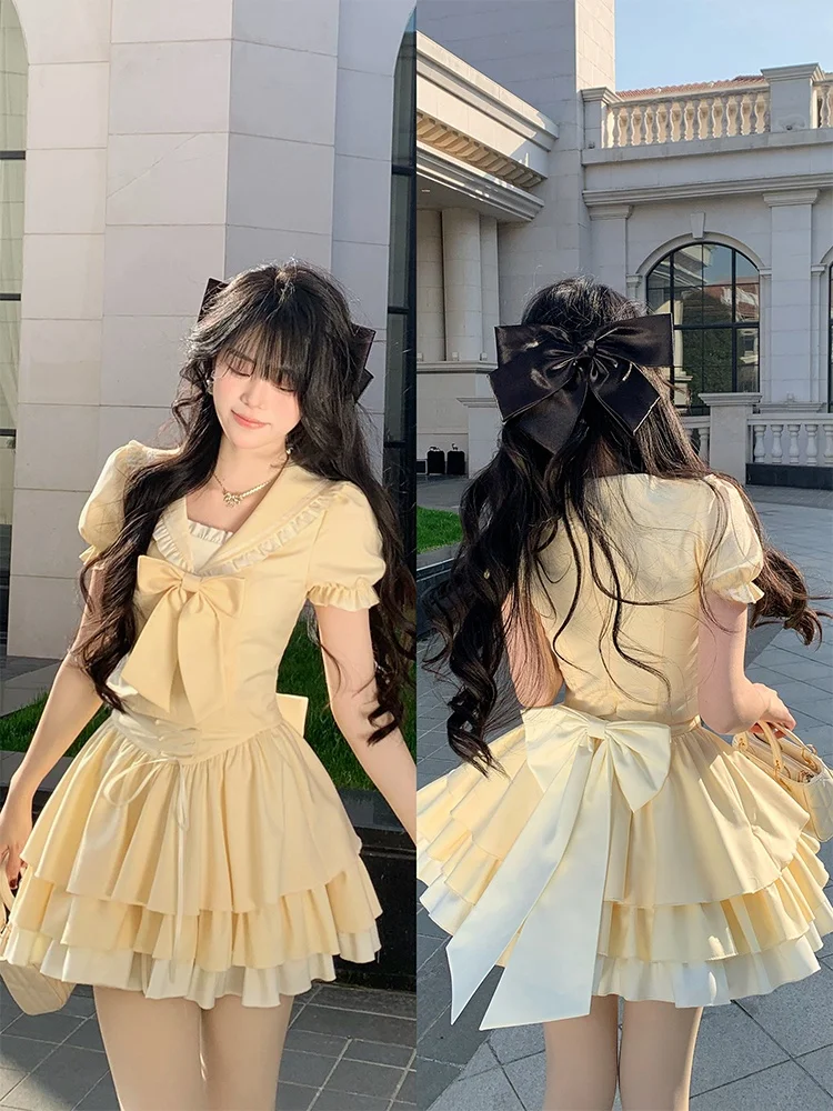 

Knot Short Sleeve Yellow Cake Skirt Set Summer New Style Girl's College Style Fashionable Women's Ensemble