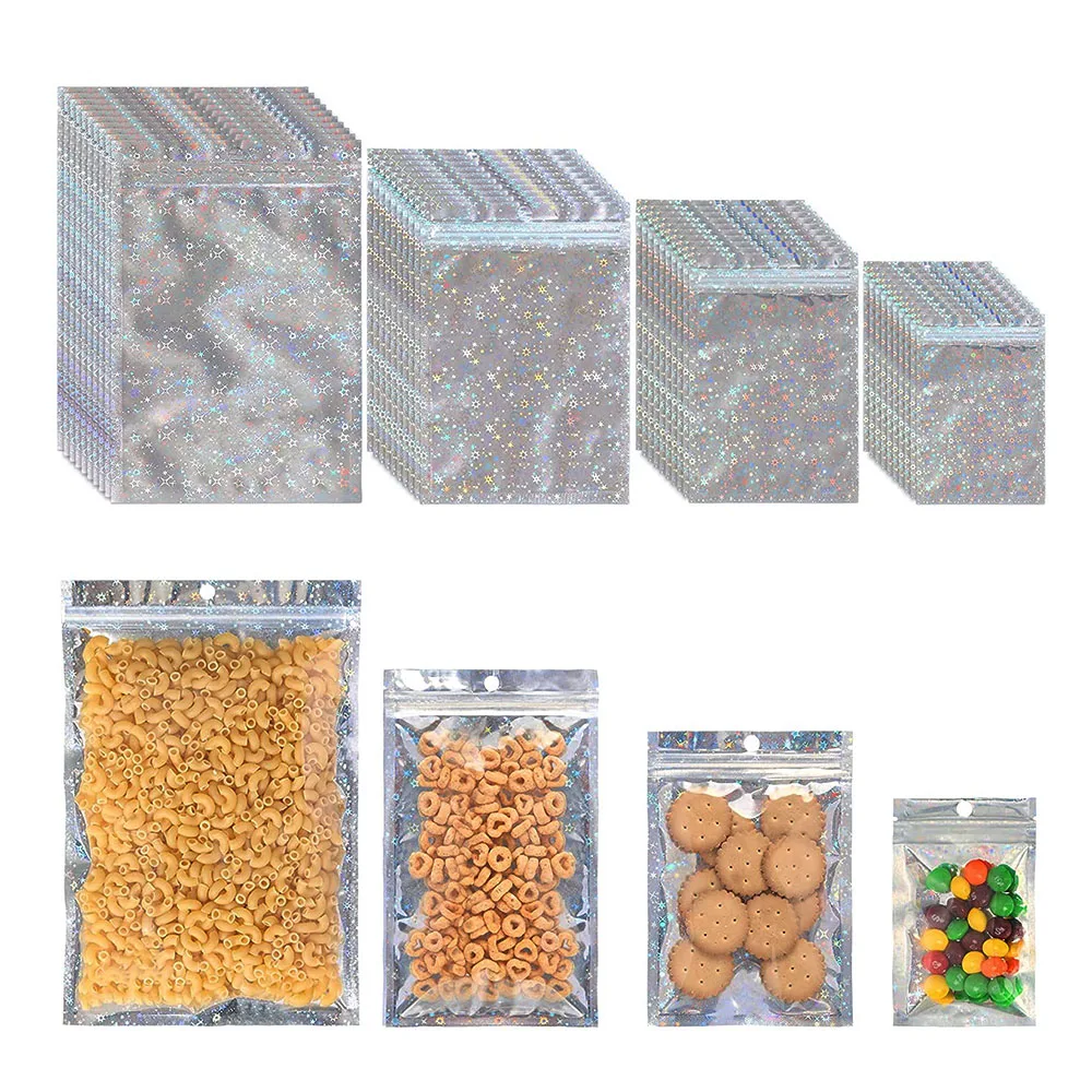 50pcs Holographic Foil Pouch Bags Laser Star Pattern Resealable Mylar Bags Ziplock Bags for Jewelry Display Wrap Packaging