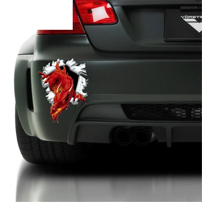 Interesting 3D Ripped Torn Bullet Hole Design Motive Red Dragon Car Sticker Accessories Decal Car Window PVC 15cm X 15cm