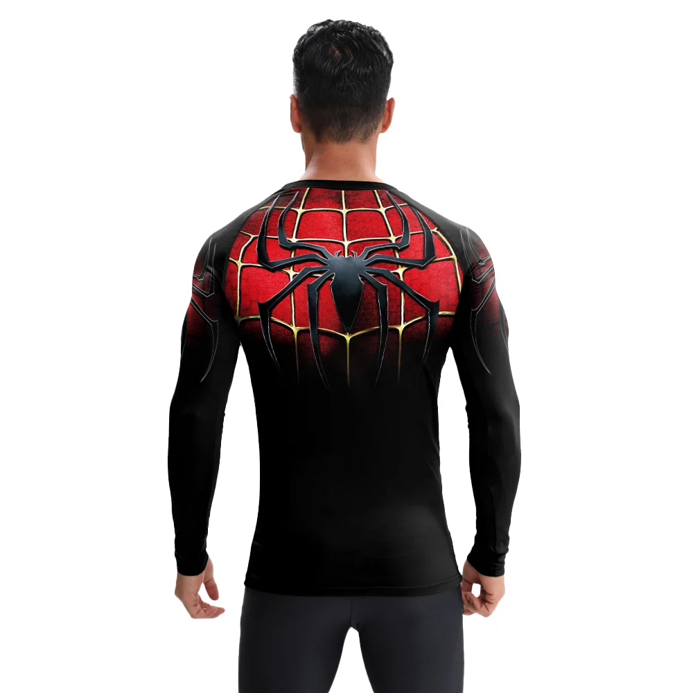 ผู้ชายชุดแมงมุมฟิตเนสวิ่งเสื้อคอสเพลย์การ์ตูนแมงมุมพิมพ์เครื่องแต่งกายเสื้อแขนยาวเสื้อบีบอัด Sportwear