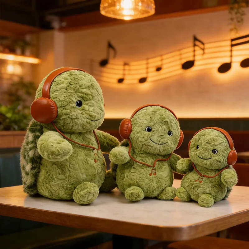 Cute Turtle Plush Toy Squishy Fluffy Stuffed with Retro Headphones Plushie Doll for Kids Adults Birthday Gift Bedroom Companion