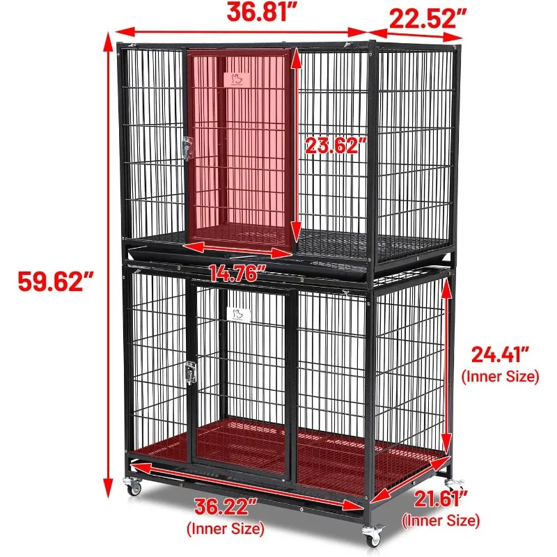 Stackable Open Top Heavy Duty Dog Pet Cage Kennel W/Tray, Floor Grid, and Casters (2 Tiers) Lockable and Movable Wheels