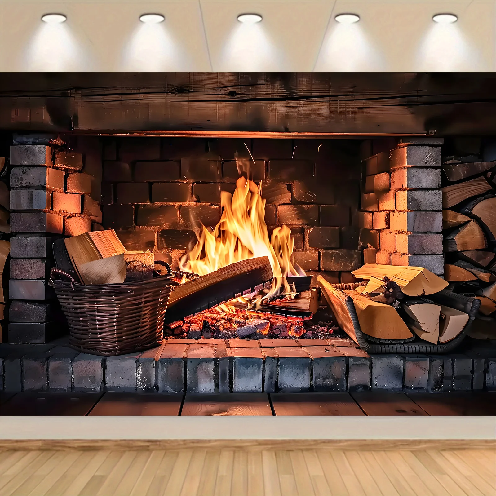 1-teiliger Kamin-Polyester-Hintergrundstoff mit realistischem brennendem Holzdesign – die perfekte Weihnachts- und Partydekoration