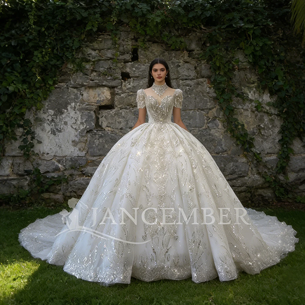 

Customized Short Sleeve Wedding Dresses Sparkly Sequined Appliques Modest O-neck Bridal Dress Princess Robe Vestidos De Novia