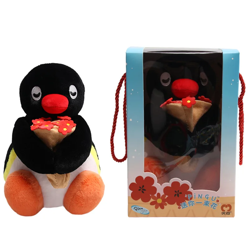 25 cm Genuino Pinguino Famiglia Ti Invia Un Bouquet Di Fiori Serie Peluche Cuscino Comfort Compagno Bambola Carina Ornamento Da Tavolo