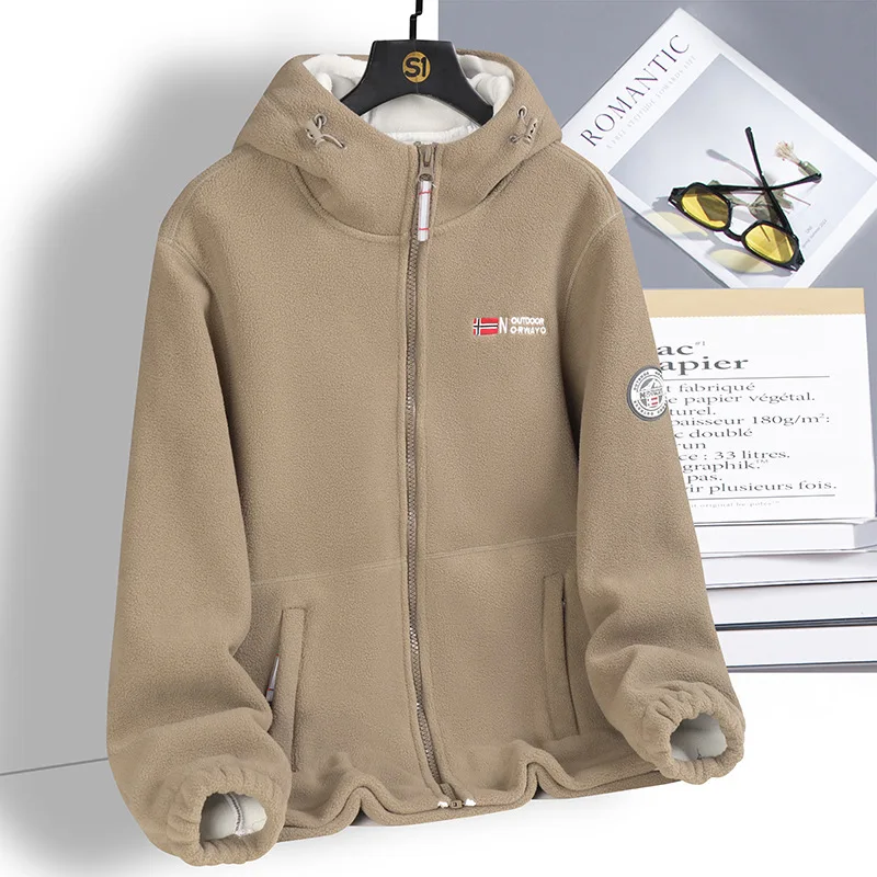 men double layer hooded thermal fleece jacket windproof winter coat outdoor hiking camping cold weather daily travel wear
