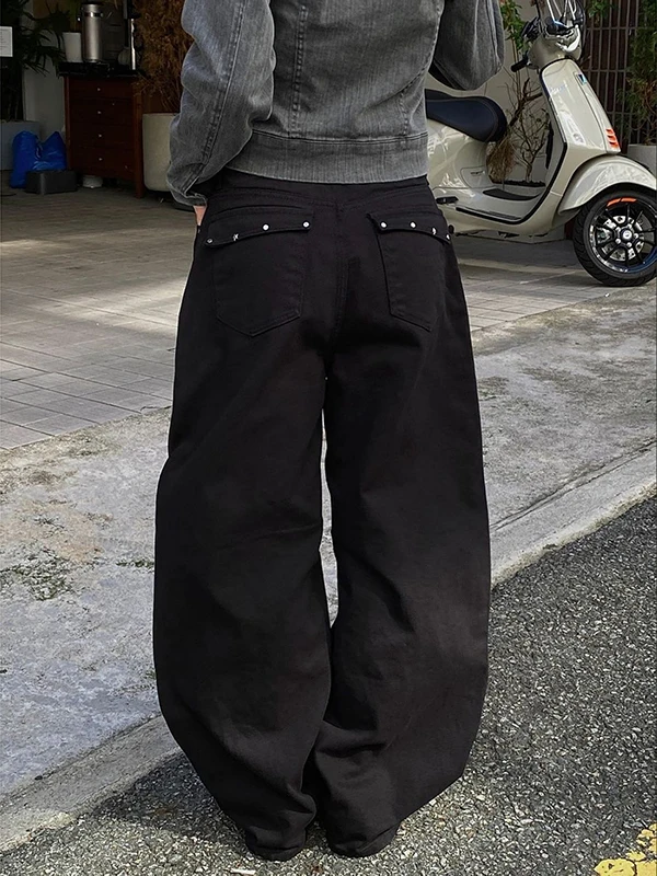 

Джинсовые брюки с заклепками в стиле ретро, американские джинсовые брюки с низкой талией, свободные прямые брюки Treetree, повседневные брюки