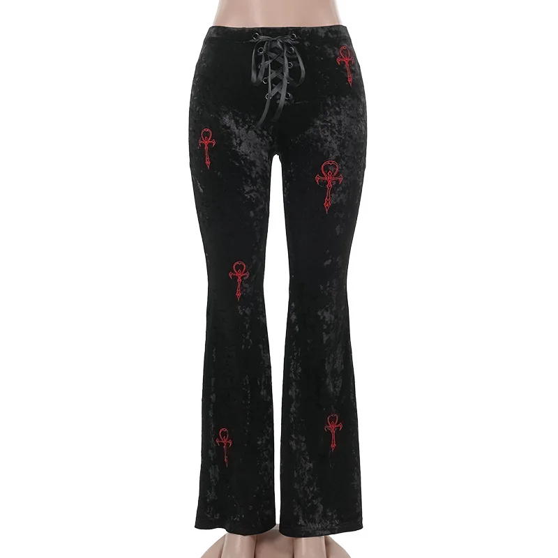 Pantaloni svasati a vita alta in velluto scuro gotico Pantaloni lunghi morbidi con ricamo incrociato moda Harajuku Pantaloni slim gotici autunnali da donna